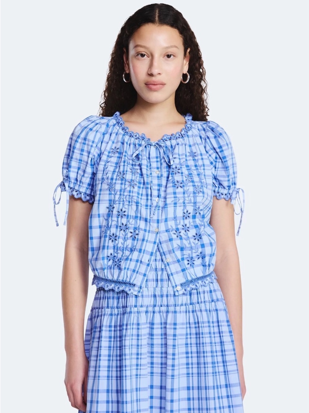 Free Assembly Polished Blue Embroidered Cropped Cotton Short Sleeve Top